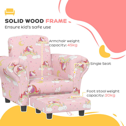 2 Piece Kids Sofa Set with Unicorn Design and Wooden Frame - Pink