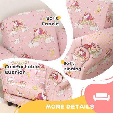 2 Piece Kids Sofa Set with Unicorn Design and Wooden Frame - Pink