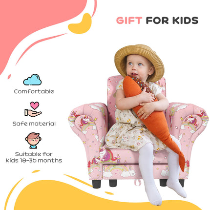 2 Piece Kids Sofa Set with Unicorn Design and Wooden Frame - Pink