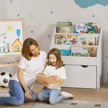 Kids Bookcase with Shelves and Wheeled Drawer for Bedroom or Playroom - White