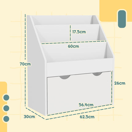 Kids Bookcase with Shelves and Wheeled Drawer for Bedroom or Playroom - White