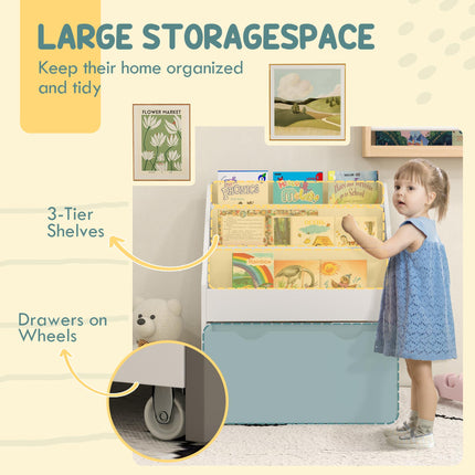 Kids Bookcase with Shelves and Wheeled Drawer for Bedroom or Playroom - White