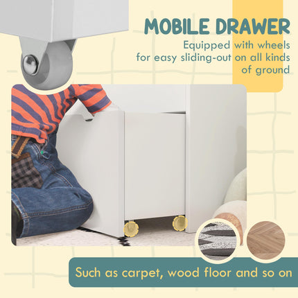 Kids Bookcase with Shelves and Wheeled Drawer for Bedroom or Playroom - White
