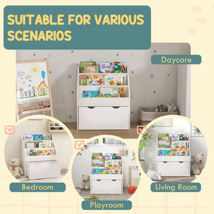 Kids Bookcase with Shelves and Wheeled Drawer for Bedroom or Playroom - White