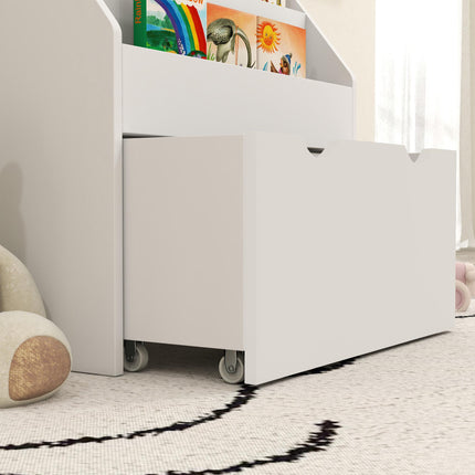 Kids Bookcase with Shelves and Wheeled Drawer for Bedroom or Playroom - White