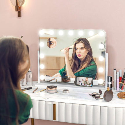 14 LED Tabletop Makeup Mirror with Adjustable Lighting and USB Port - White