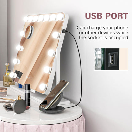 14 LED Tabletop Makeup Mirror with Adjustable Lighting and USB Port - White