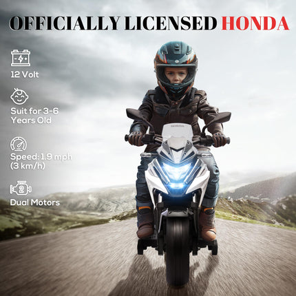 12V Honda Licensed Kids Electric Motorbike with Music, Headlights & Early Education Function for Ages 3-6 - White
