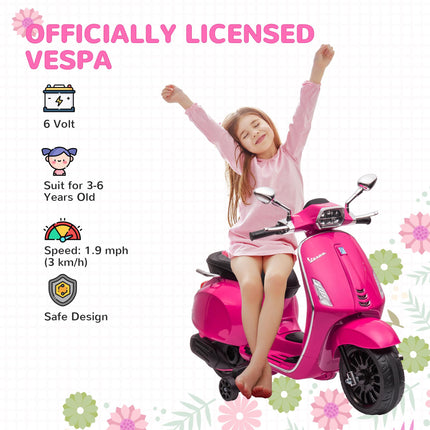 12V Vespa Licensed Kids Electric Motorbike with Music, Headlights & FM Radio for Ages 3-6 - Pink