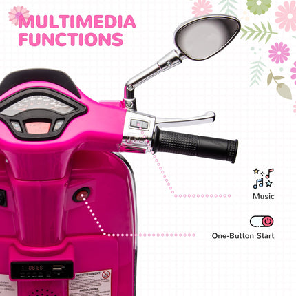 12V Vespa Licensed Kids Electric Motorbike with Music, Headlights & FM Radio for Ages 3-6 - Pink