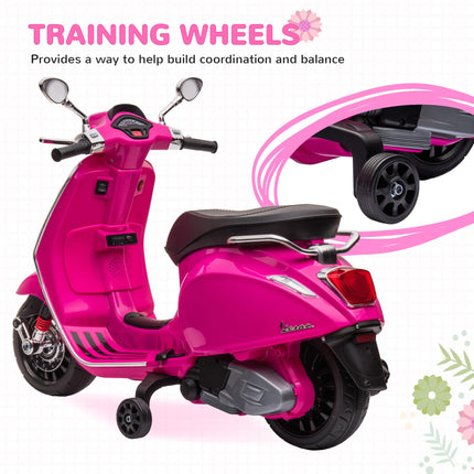 12V Vespa Licensed Kids Electric Motorbike with Music, Headlights & FM Radio for Ages 3-6 - Pink