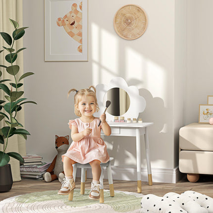 3 Piece Kids Dressing Table Set with Mirror, Drawer & Stool - White Cloud Design