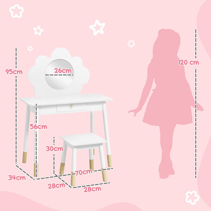3 Piece Kids Dressing Table Set with Mirror, Drawer & Stool - White Cloud Design