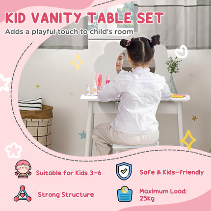 3 Piece Kids Dressing Table Set with Mirror, Drawer & Stool - White Cloud Design