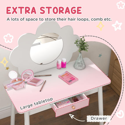 3 Piece Kids Dressing Table Set with Mirror, Drawer & Stool - White Cloud Design