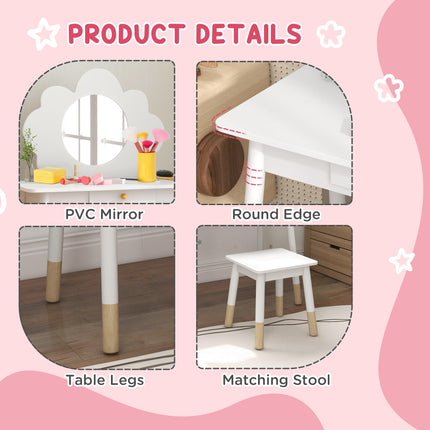 3 Piece Kids Dressing Table Set with Mirror, Drawer & Stool - White Cloud Design