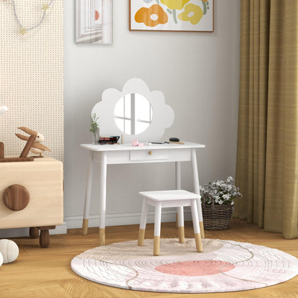 3 Piece Kids Dressing Table Set with Mirror, Drawer & Stool - White Cloud Design