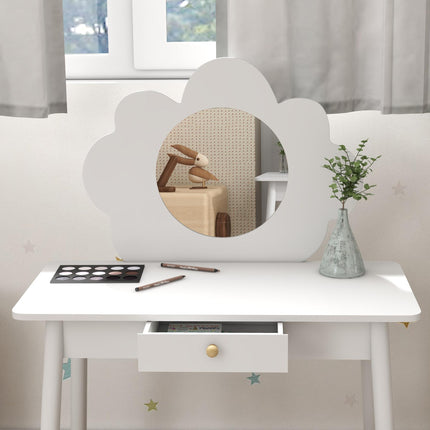3 Piece Kids Dressing Table Set with Mirror, Drawer & Stool - White Cloud Design
