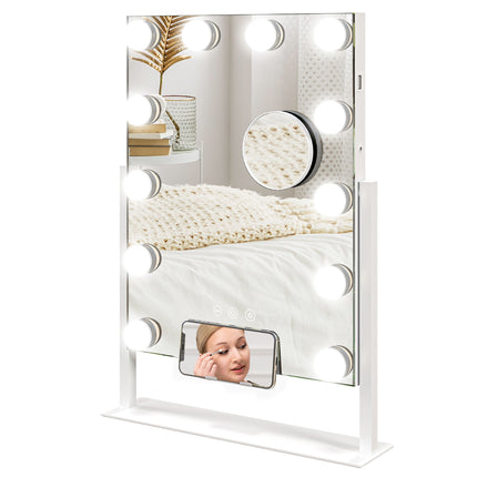 12 LED Tabletop Makeup Mirror with Adjustable Brightness and Colour Settings - White