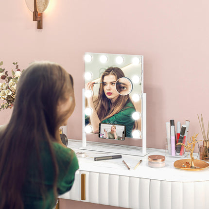 12 LED Tabletop Makeup Mirror with Adjustable Brightness and Colour Settings - White
