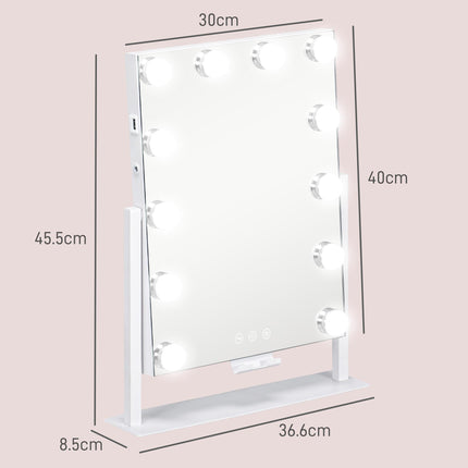 12 LED Tabletop Makeup Mirror with Adjustable Brightness and Colour Settings - White