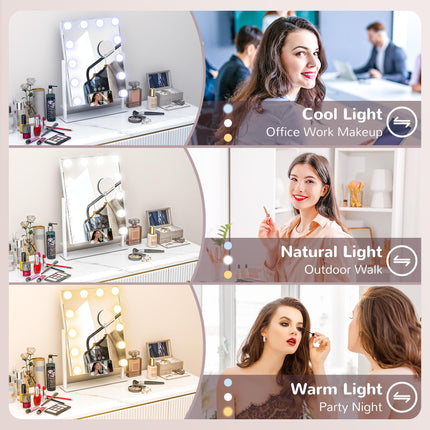12 LED Tabletop Makeup Mirror with Adjustable Brightness and Colour Settings - White