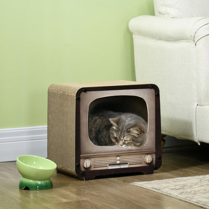 2 in 1 TV Shape Cat Scratching Board and House with Catnip for Indoor Cats - Brown
