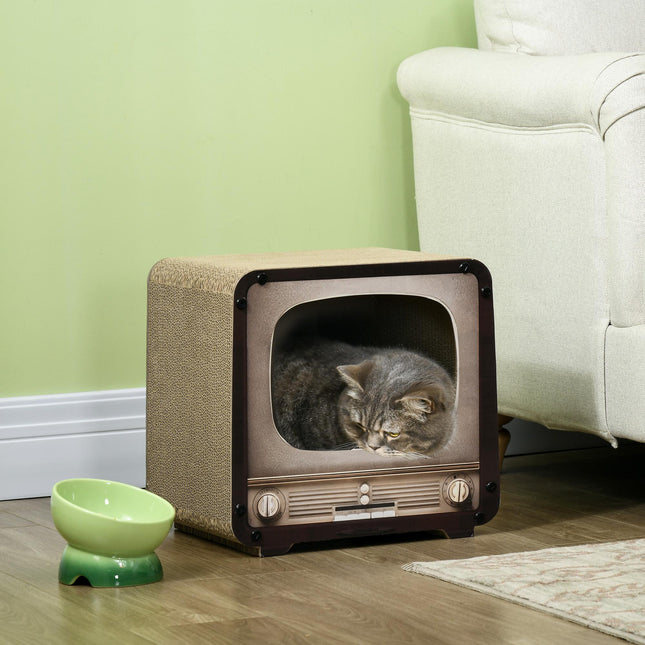 2 in 1 TV Shape Cat Scratching Board and House with Catnip for Indoor Cats - Brown