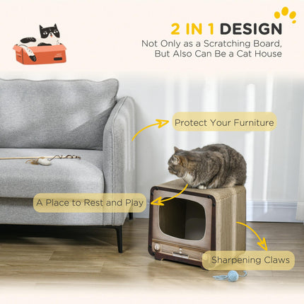 2 in 1 TV Shape Cat Scratching Board and House with Catnip for Indoor Cats - Brown