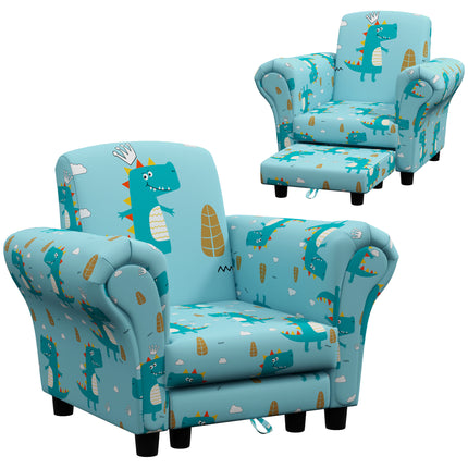 2 Piece Kids Dinosaur Sofa Set with Armchair and Stool - Blue