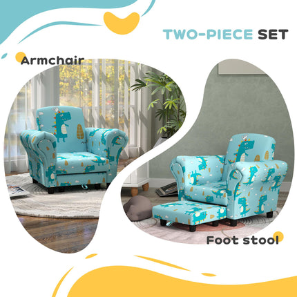 2 Piece Kids Dinosaur Sofa Set with Armchair and Stool - Blue