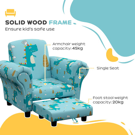 2 Piece Kids Dinosaur Sofa Set with Armchair and Stool - Blue