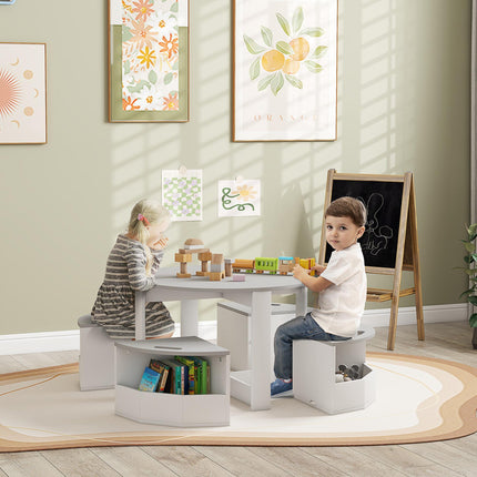 5 Piece Kids Table and Chairs Set with Storage Compartments - Grey
