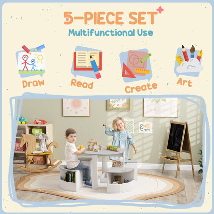 5 Piece Kids Table and Chairs Set with Storage Compartments - Grey