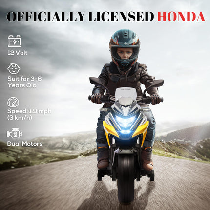 12V Honda Licensed Kids Electric Motorbike with Music, Headlights & Early Education Function for Ages 3-6 - Yellow