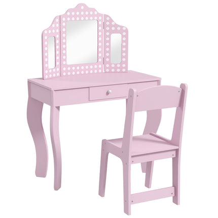 3 Piece Kids Dressing Table Set with Stool and Tri-Fold Mirror - Pink