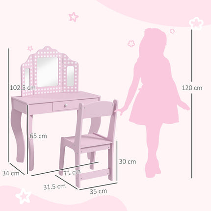 3 Piece Kids Dressing Table Set with Stool and Tri-Fold Mirror - Pink