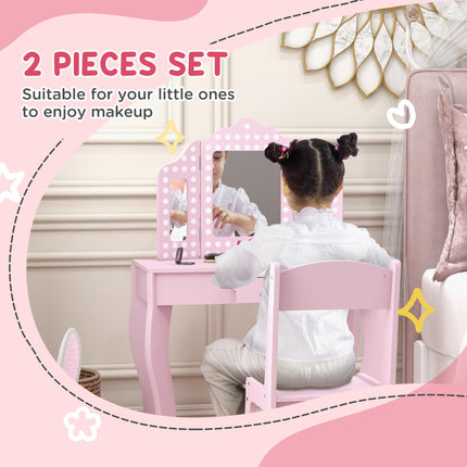 3 Piece Kids Dressing Table Set with Stool and Tri-Fold Mirror - Pink