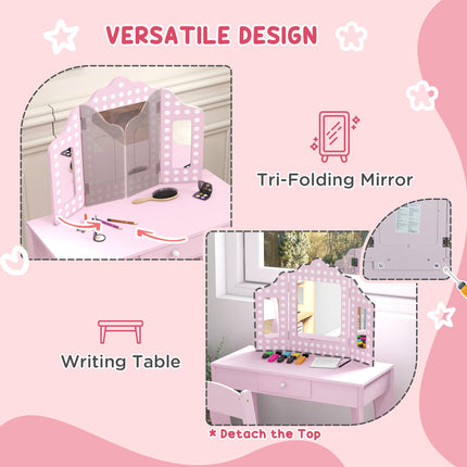 3 Piece Kids Dressing Table Set with Stool and Tri-Fold Mirror - Pink