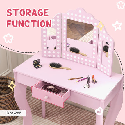 3 Piece Kids Dressing Table Set with Stool and Tri-Fold Mirror - Pink