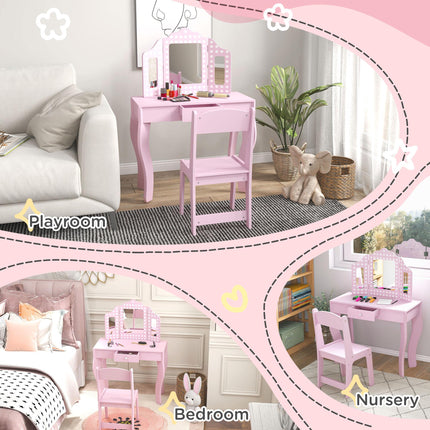 3 Piece Kids Dressing Table Set with Stool and Tri-Fold Mirror - Pink
