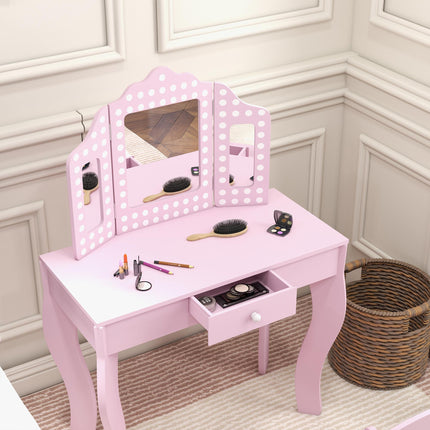 3 Piece Kids Dressing Table Set with Stool and Tri-Fold Mirror - Pink