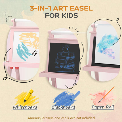 3 Piece Kids Double-Sided Magnetic Whiteboard and Chalkboard Easel Set - Pink