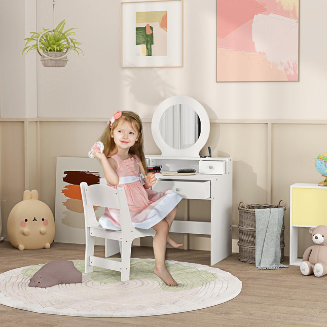Kids Dressing Table Set Kids Make up Table with Stool and Mirror, Storage Drawers, Gift for Aged 3-8