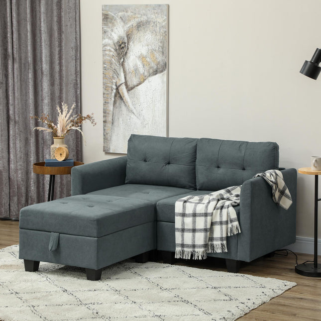 L Shape Modular Storage Sofa with Ottoman - Dark Grey