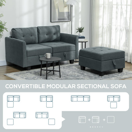 L Shape Modular Storage Sofa with Ottoman - Dark Grey