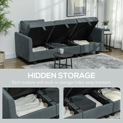 L Shape Modular Storage Sofa with Ottoman - Dark Grey