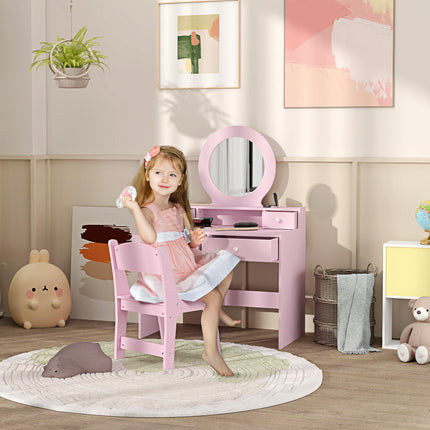 Kids Dressing Table Set with Mirror and Storage for Ages 3-8 - Pink