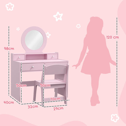 Kids Dressing Table Set with Mirror and Storage for Ages 3-8 - Pink
