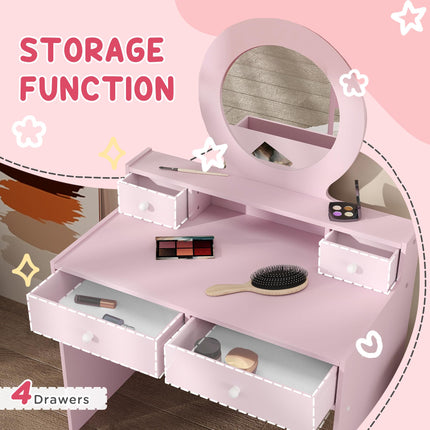 Kids Dressing Table Set with Mirror and Storage for Ages 3-8 - Pink